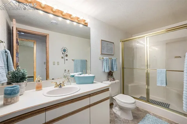 a bathroom with a sink a toilet a shower and a mirror