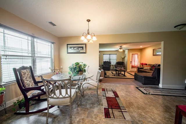 a view of a dining room with furniture window and outside view