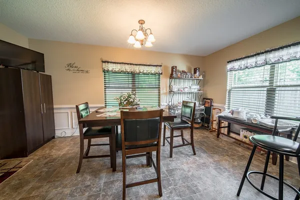 a view of a dining room with furniture window and outside view