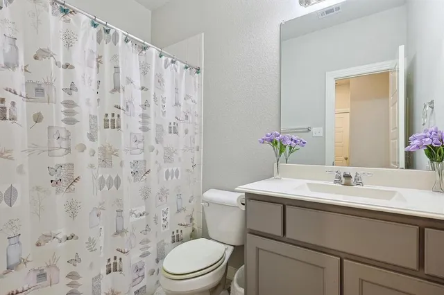 a bathroom with a sink a toilet and shower curtain