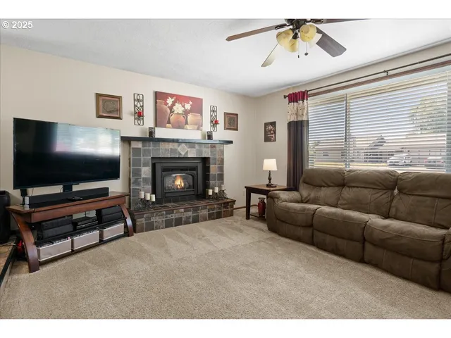 a living room with furniture a flat screen tv and a fireplace
