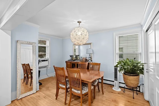 a dining room with furniture potted plants and wooden floor