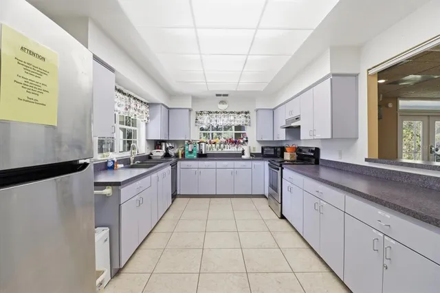 a view of a park with large trees