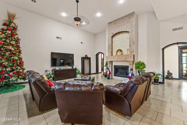 a living room with furniture and a potted plant
