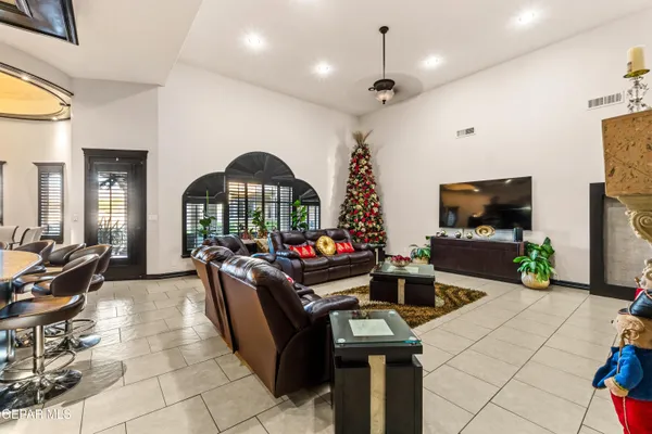 a living room with furniture a flower pot and a fireplace