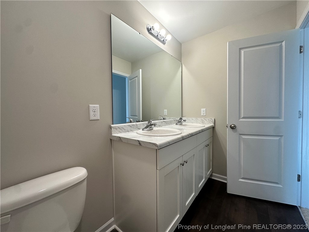 757 Britt Road St. Pauls, NC 28384 - Photo 19 of 25 a bathroom with a granite countertop sink toilet and mirror