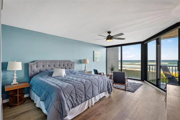a spacious bedroom with a bed and a large window