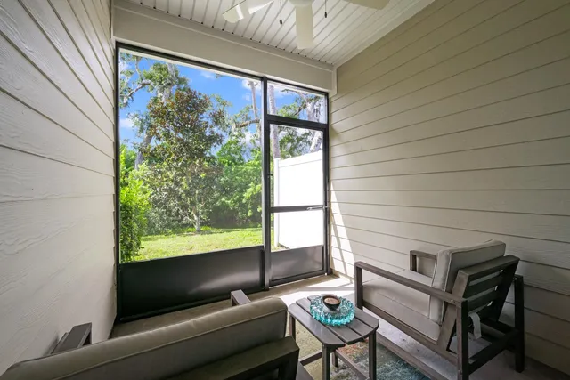 a view of a city with lawn chairs