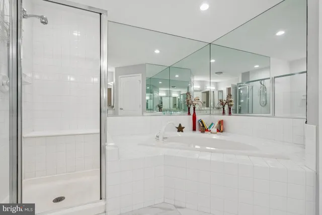 a bathroom with a shower a sink and a mirror
