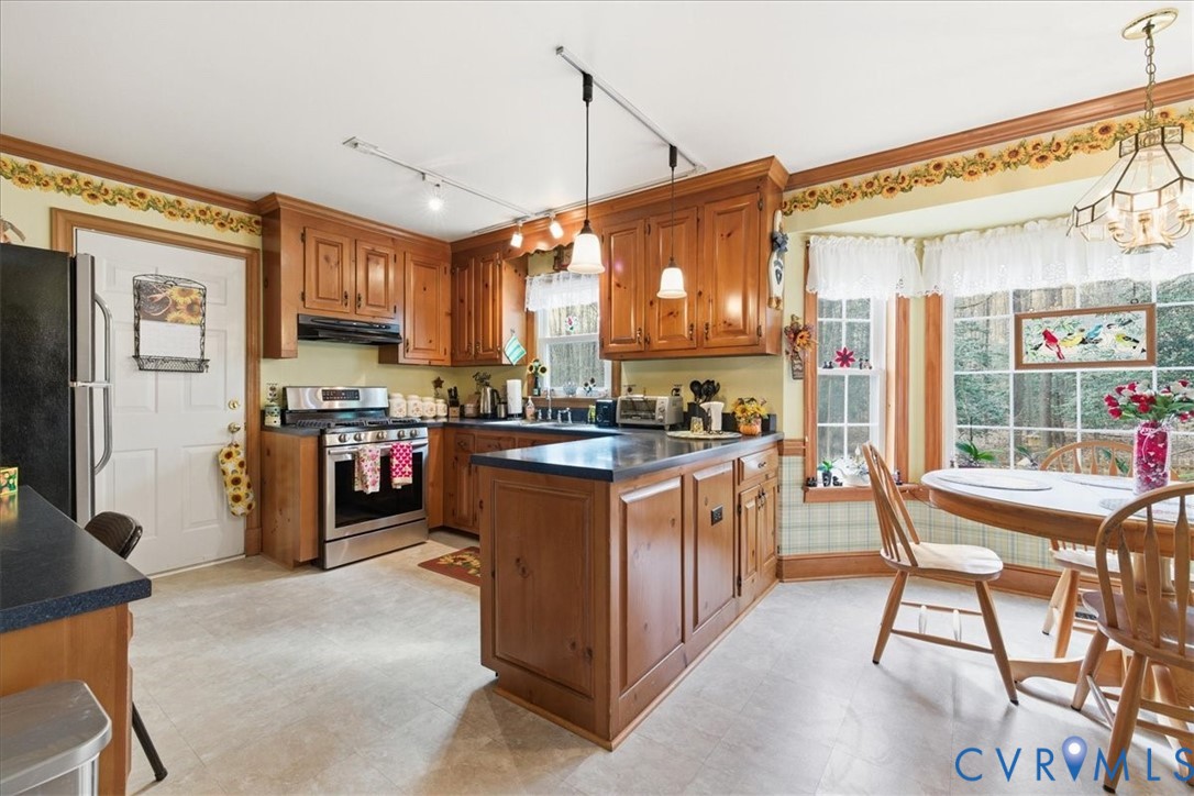 14110 Howlett Line Drive Colonial Heights, VA 23834 - Photo 16 of 44 a kitchen with stainless steel appliances granite countertop a stove top oven a refrigerator a sink and a dining table with the view