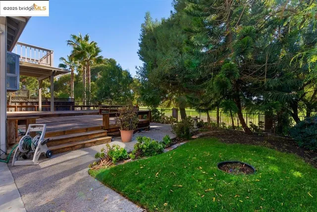 a garden view with a seating space