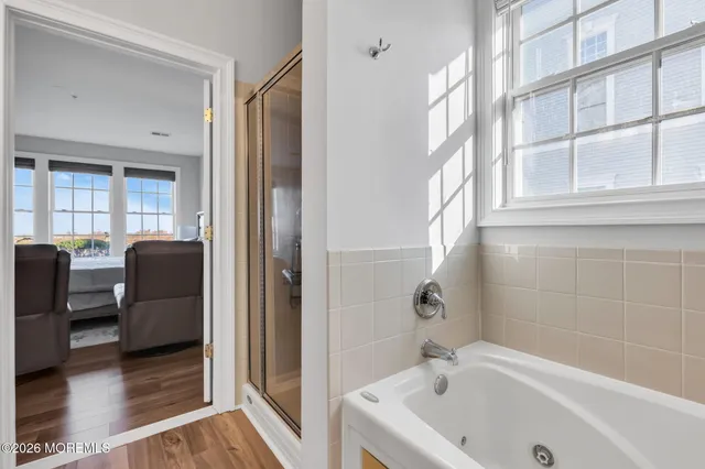 a bathroom with a bathtub and a shower