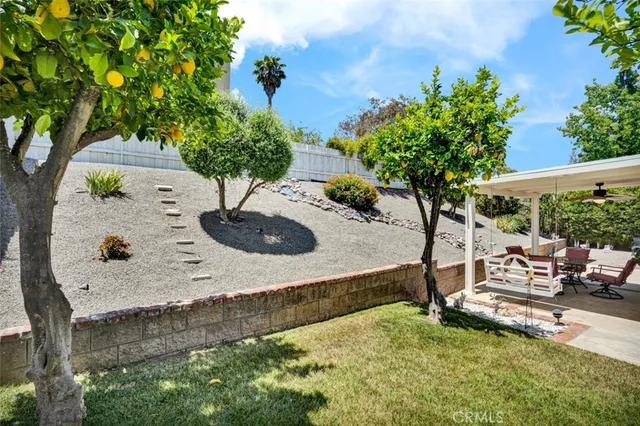 a view of backyard with seating area and trees