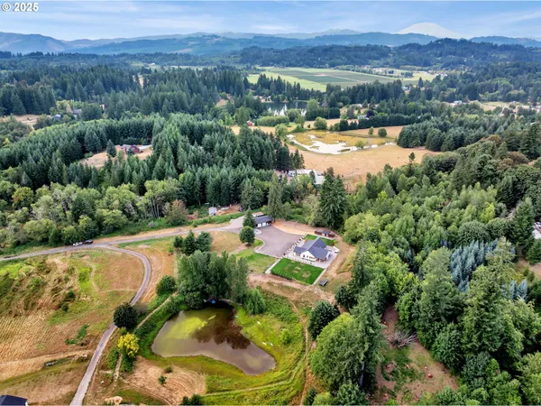an aerial view of residential houses with outdoor space and river