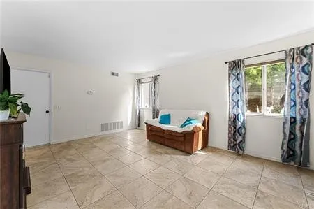 a living room with furniture a fireplace and a potted plant