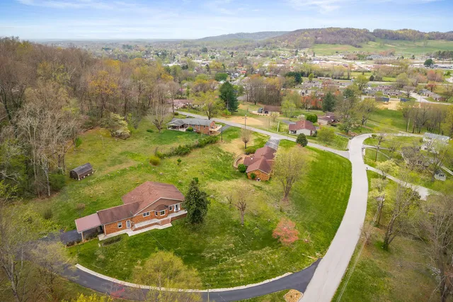 an aerial view of residential houses with outdoor space and trees