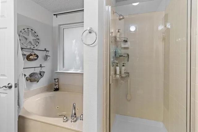 a bathroom with a bathtub and shower