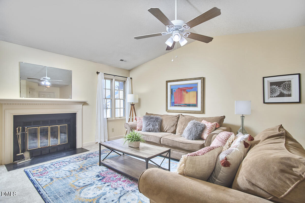 a living room with furniture a couch and a fireplace