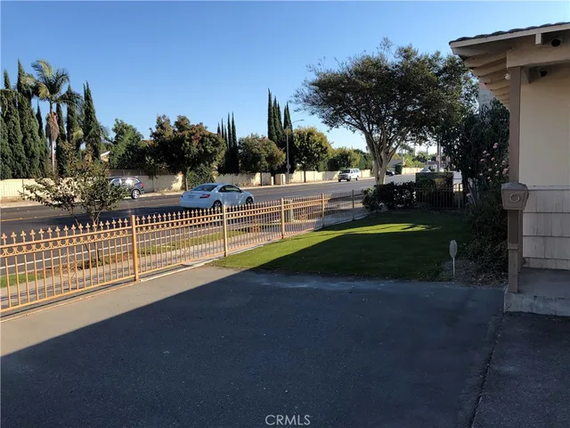 a view of a park with large trees