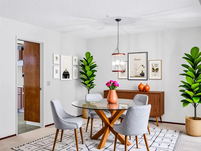 a dining room with furniture potted plants and wooden floor