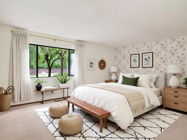 a bedroom with a bed and glass windows
