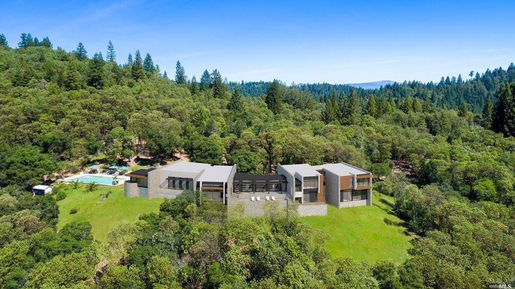 a garden view with a seating space