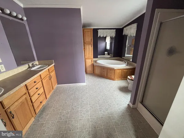 a bathroom with a tub sink and mirror