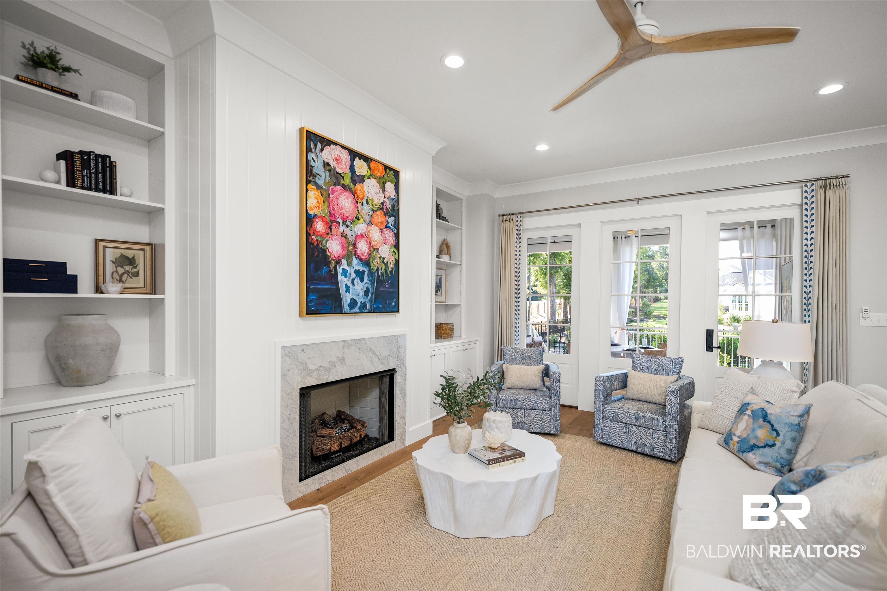 156 Hyacinth Street Fairhope, AL 36532 - Photo 5 of 61 Living area with built in features, a premium fireplace, crown molding, recessed lighting, and ceiling fan