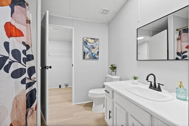 a bathroom with a sink a toilet and shower curtain