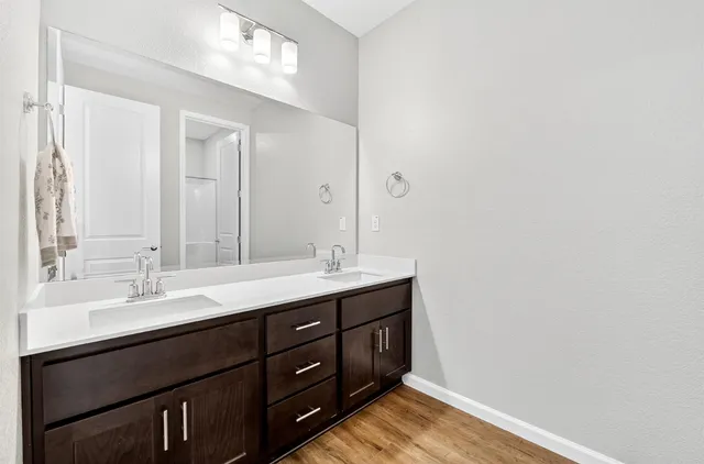 a bathroom with a double vanity sink and mirror