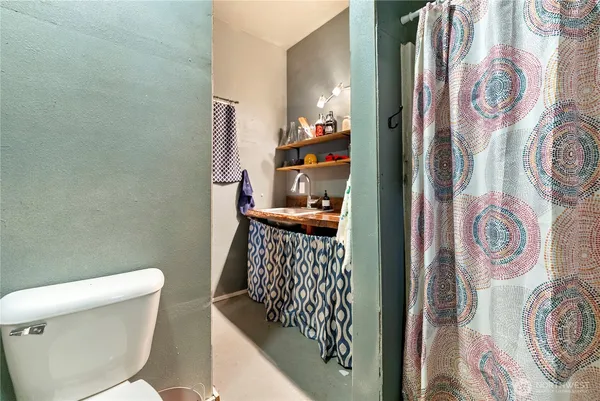 a bathroom with a toilet and shower curtain