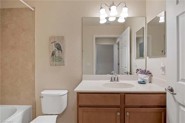 a bathroom with a sink vanity and a toilet