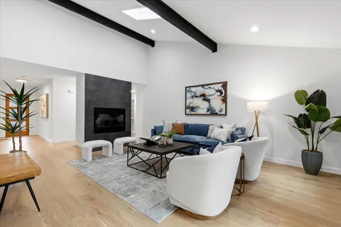 a living room with furniture potted plant and a fireplace