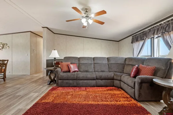 a living room with furniture and a rug