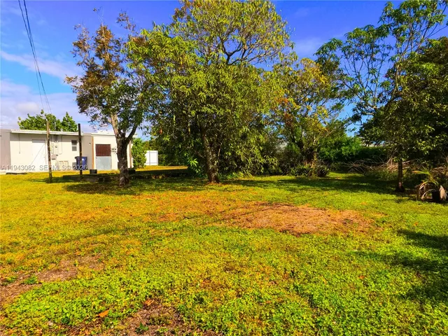 a view of swimming pool with lawn chairs and large trees
