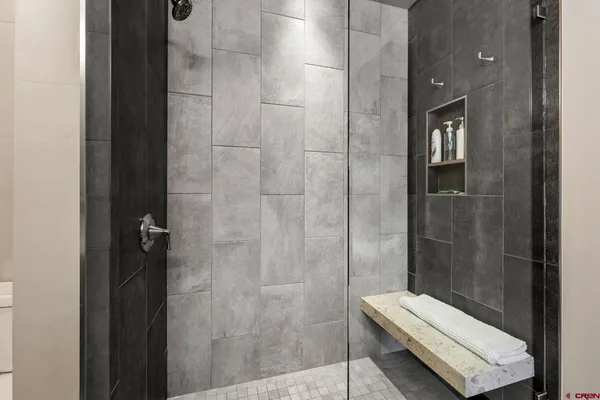 a bathroom with a shower and toilet