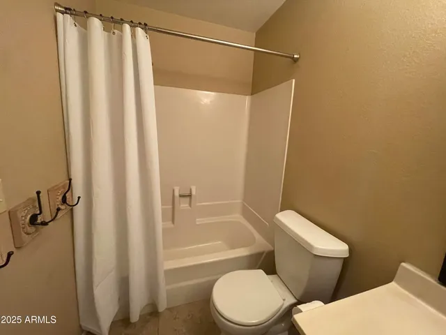 a white toilet sitting next to a bath tub