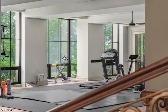 a room with a large window and potted plants