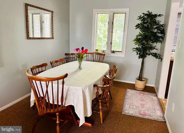 a view of a dining room with furniture and window