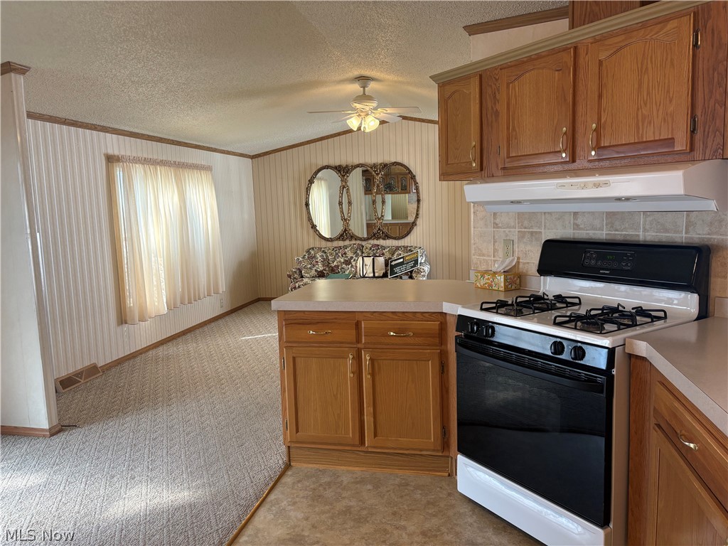 4455 Cleveland Road, Unit 20 Wooster, OH 44691 - Photo 15 of 38 Kitchen featuring a peninsula, range with gas stovetop, light countertops, ornamental molding, and wood finish cabinetry