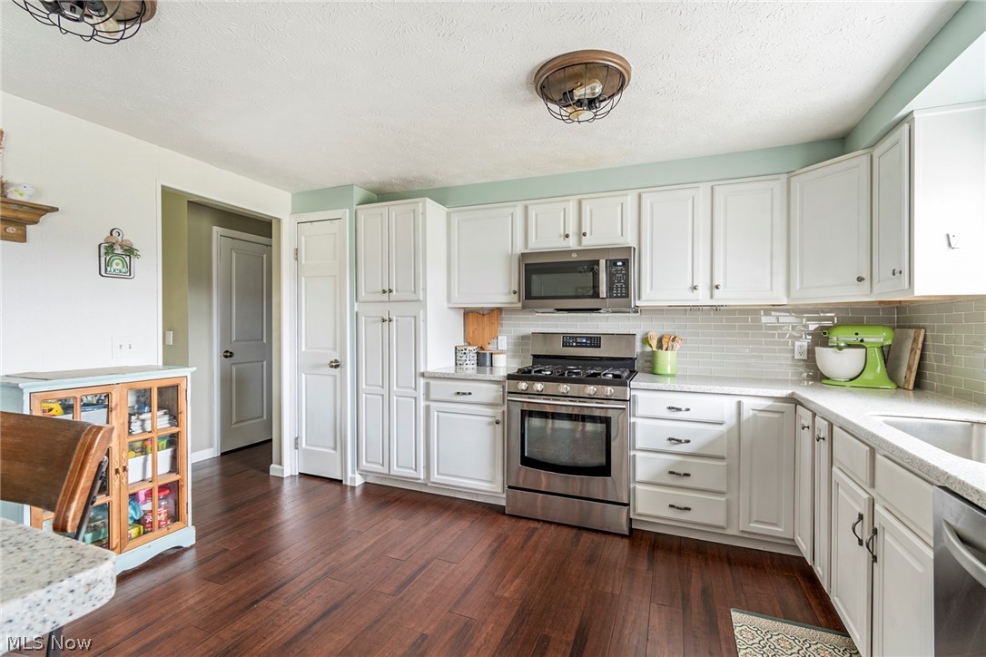8370 Herbert Road Canfield, OH 44406 - Photo 34 of 48 Kitchen with dark hardwood / wood-style floors, white cabinetry, a textured ceiling, tasteful backsplash, and appliances with stainless steel finishes