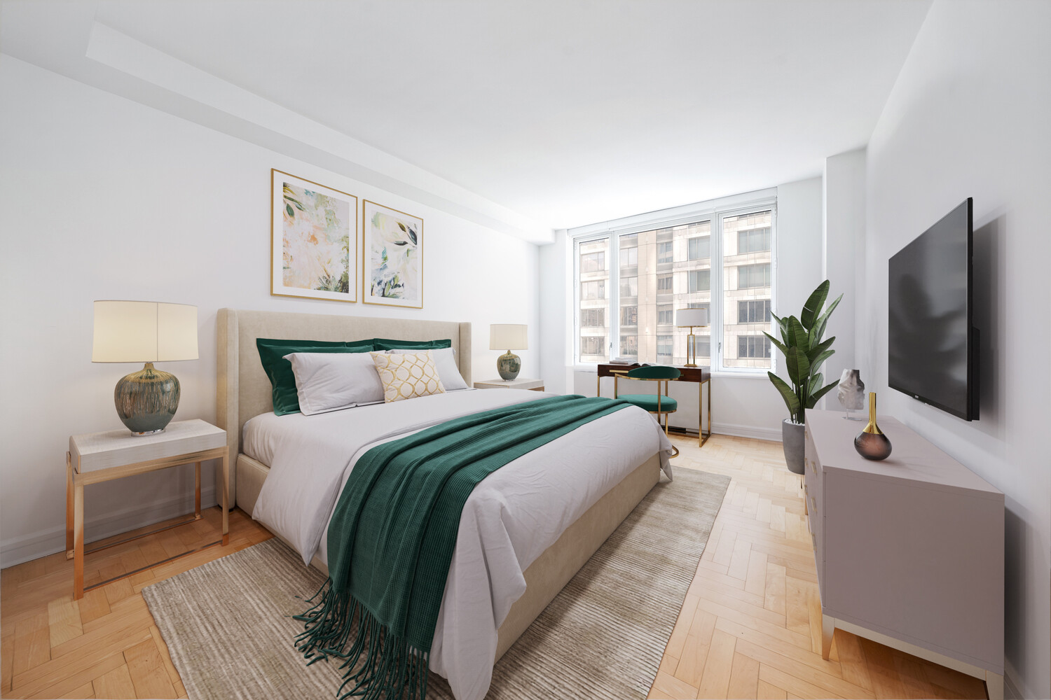 220 Riverside Boulevard, Unit 11G Manhattan, NY 10069 - Photo 4 of 7 a bedroom with a large bed and a flat screen tv