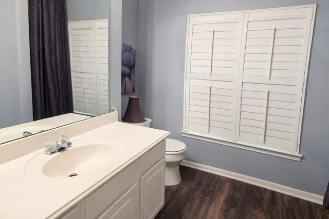 a bathroom with a sink a toilet and a window