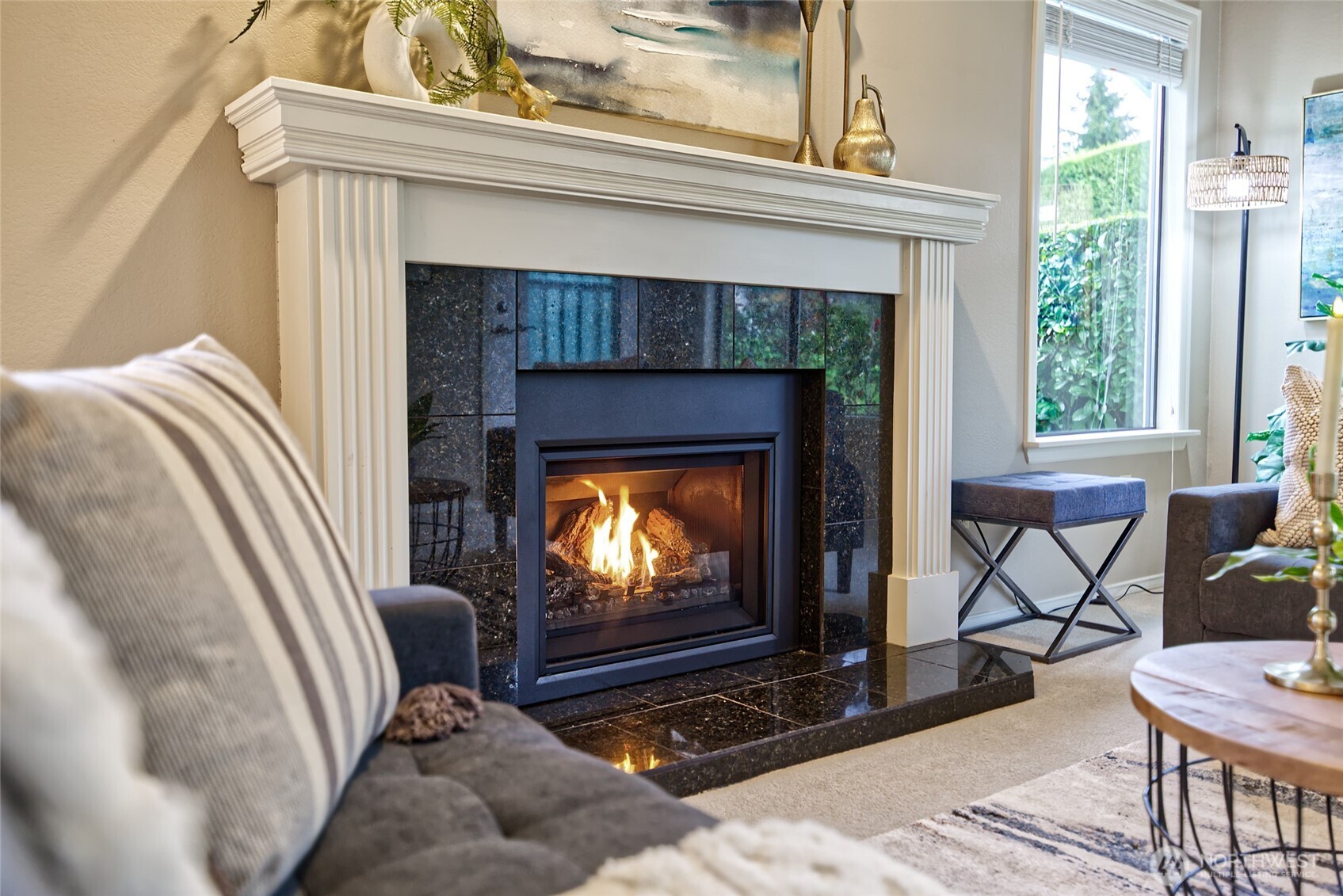1800 Mill Creek Road, Unit 4A Mill Creek, WA 98012 - Photo 28 of 32 a living room with furniture a fireplace and a floor to ceiling window