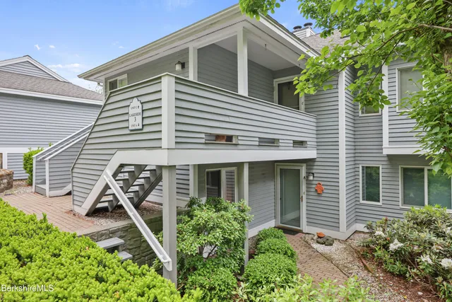 a view of a house with a yard and potted plants