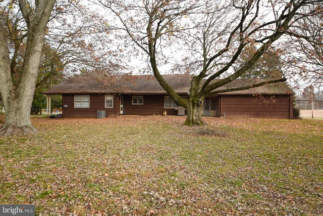 a view of a field with trees in the background