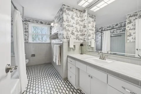 a bathroom with a sink a toilet a shower and a mirror