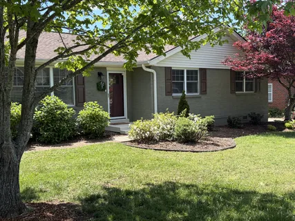 a front view of a house with a yard and potted plants