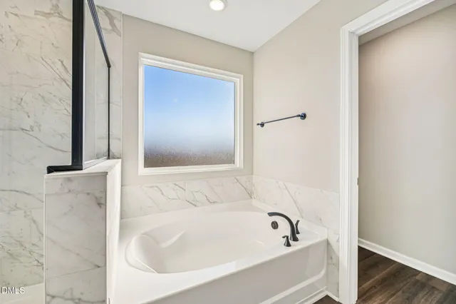 a bathroom with a bathtub and shower