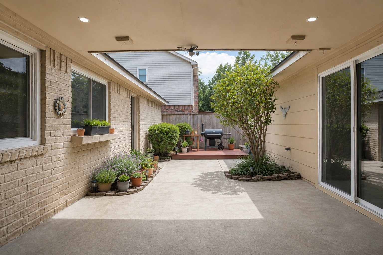 17119 Mellow Ridge Drive Spring, TX 77379 - Photo 27 of 32 This photo showcases a charming outdoor patio area with a covered section leading to an open space featuring potted plants and a grill. It offers a cozy, private setting for relaxation or entertaining.